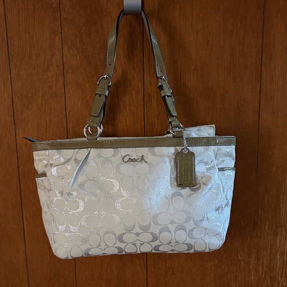 Coach Cream and Tan Signature Shoulder Bag